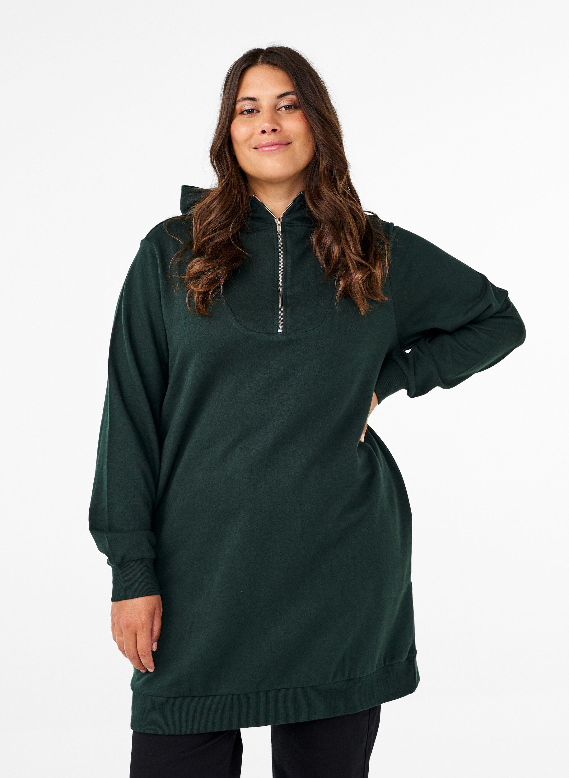 Zizzi Sweat tunika med h&aelig;tte og lynl&aring;s, Scarab, Model image number 0