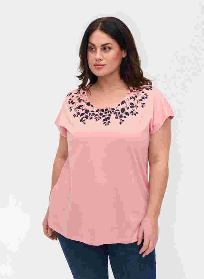 Bomulds t-shirt med printdetaljer, Blush mel Leaf, Model image number 0