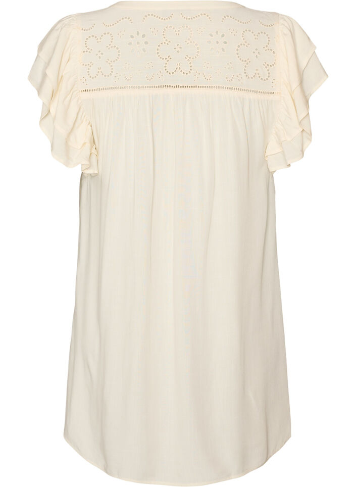Tunika med broderie anglaise og fl&aelig;se&aelig;rmer, Beige, Packshot image number 1