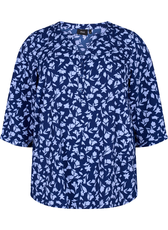 Blomstret bluse med 3/4 ærmer, M. Blue Flower AOP, Packshot image number 0