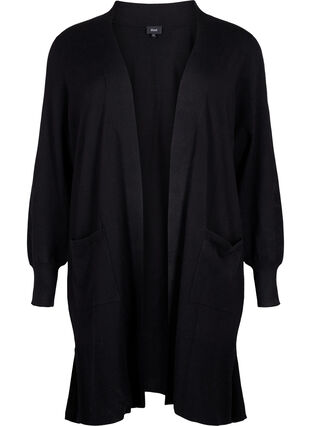 Lang strikket cardigan med lommer, Black, Packshot image number 0