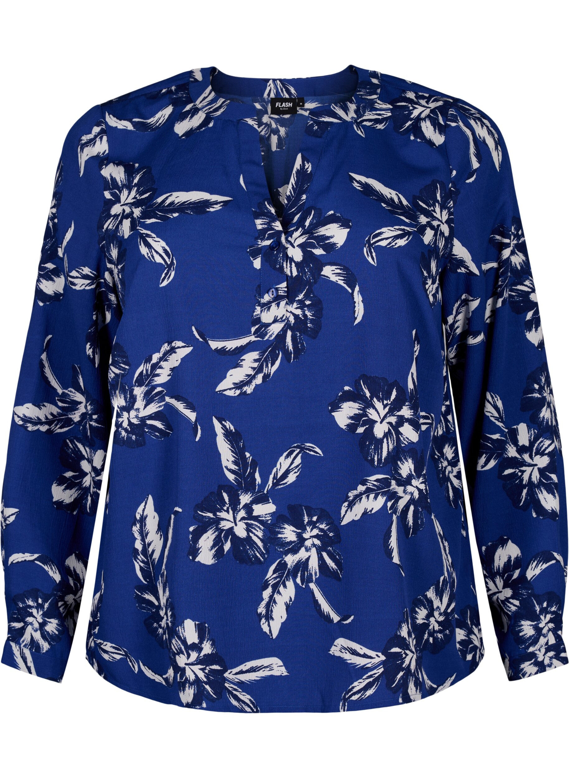 Zizzi FLASH - Lang&aelig;rmet bluse med print, Navy Blazer Flower, Packshot image number 0