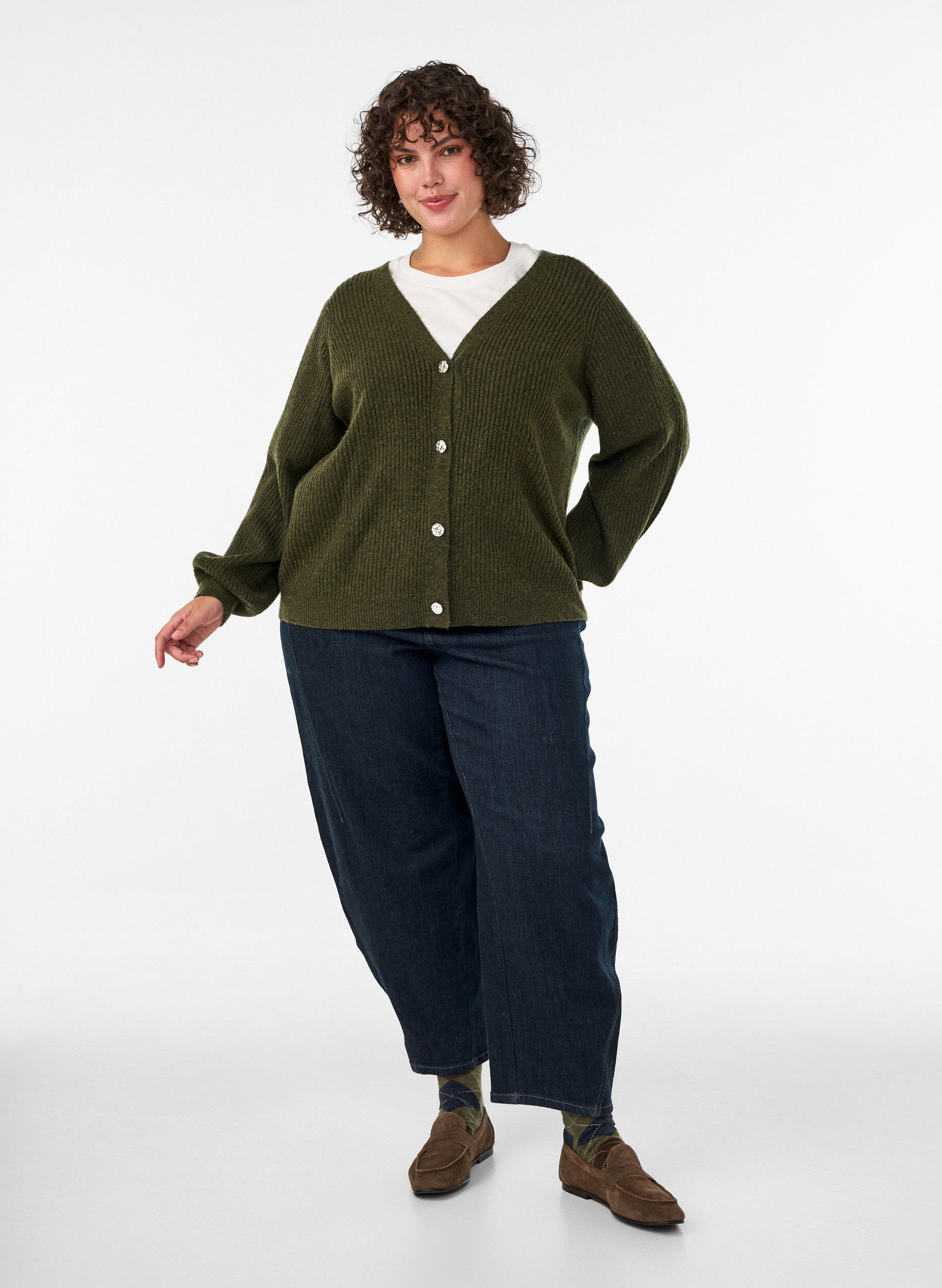 ZizziCardigan med V-hals og ribstruktur, Gr&oslash;n, Model image number 1