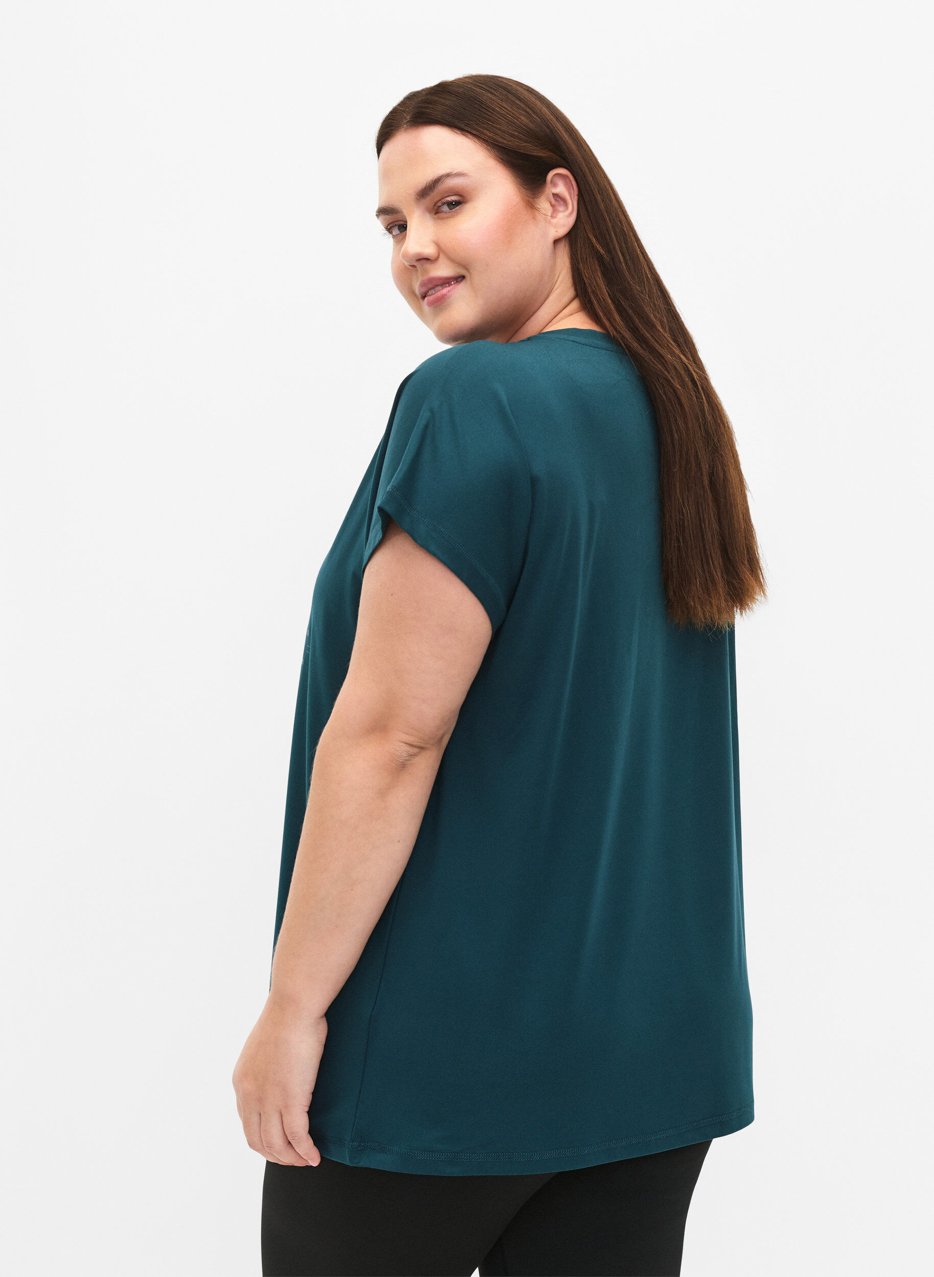 Zizzi Kort&aelig;rmet tr&aelig;nings t-shirt med print, Deep Teal/Pacific, Model image number 1