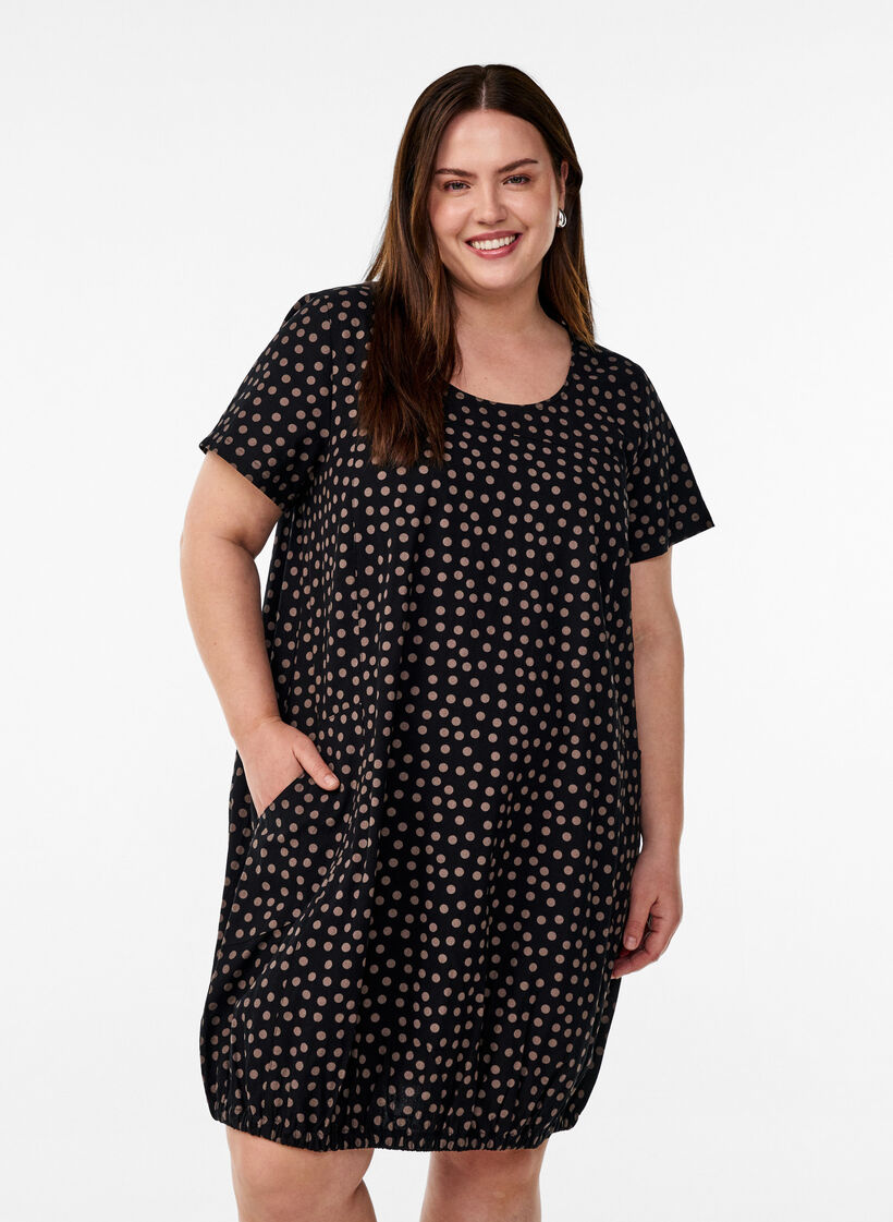 Kort&aelig;rmet bomuldskjole med print, Brun, Model image number 0