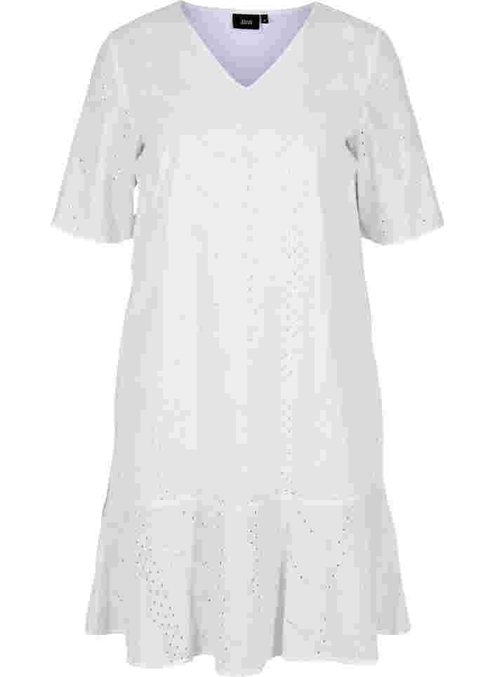 Kortærmet bomuldskjole med broderi anglaise, Bright White, Packshot image number 0