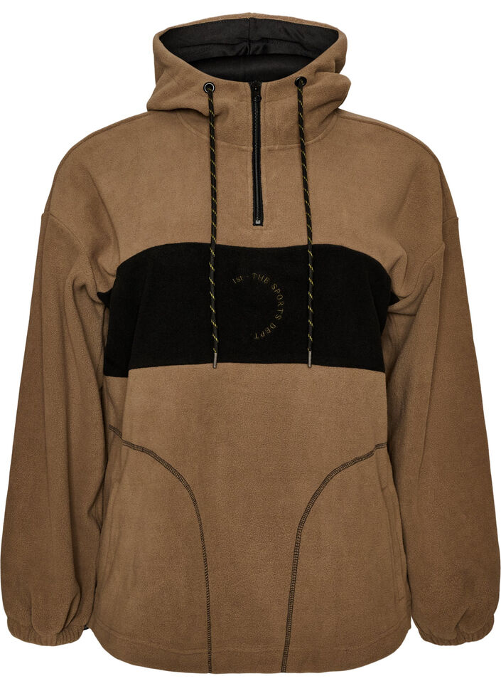Fleeceanorak med h&aelig;tte og kontrastpanel, Brun, Packshot image number 0
