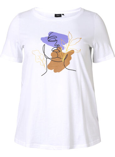 Bomulds t-shirt med rund hals og tryk, Bright White FACE, Packshot image number 0