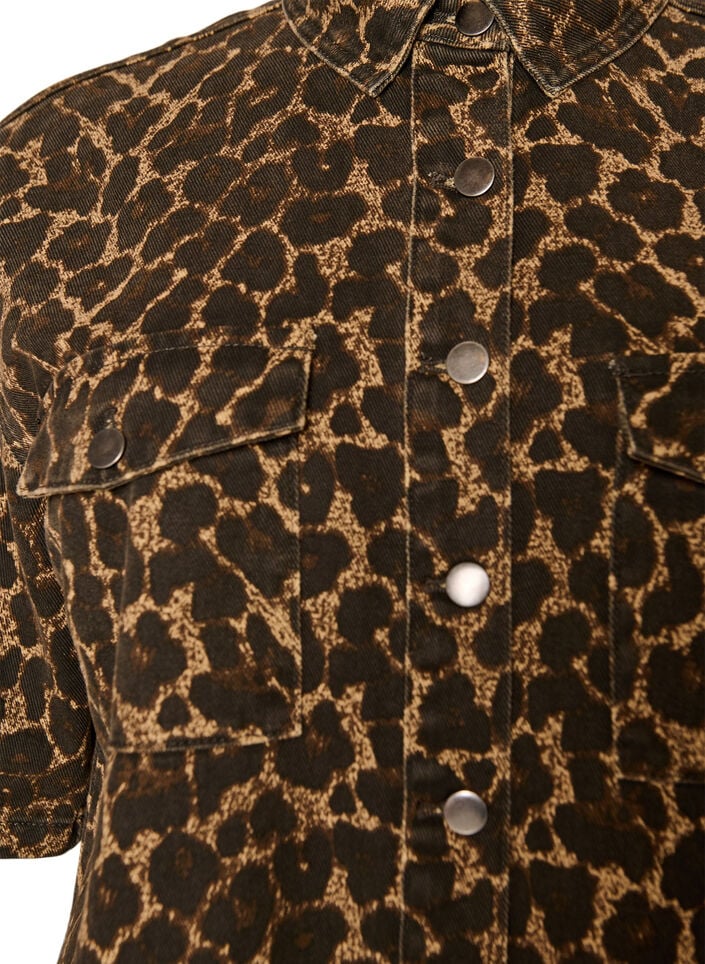 Denimskjorte med leopard m&oslash;nster og korte &aelig;rmer, Brun, Packshot image number 2