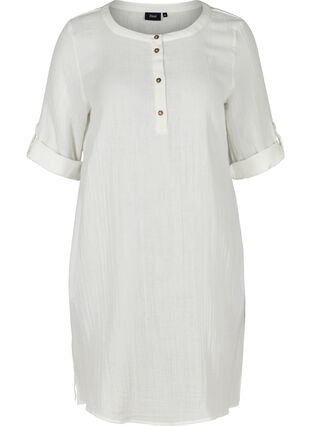 Bomulds kjole med knapper og 3/4 ærmer, Bright White, Packshot image number 0