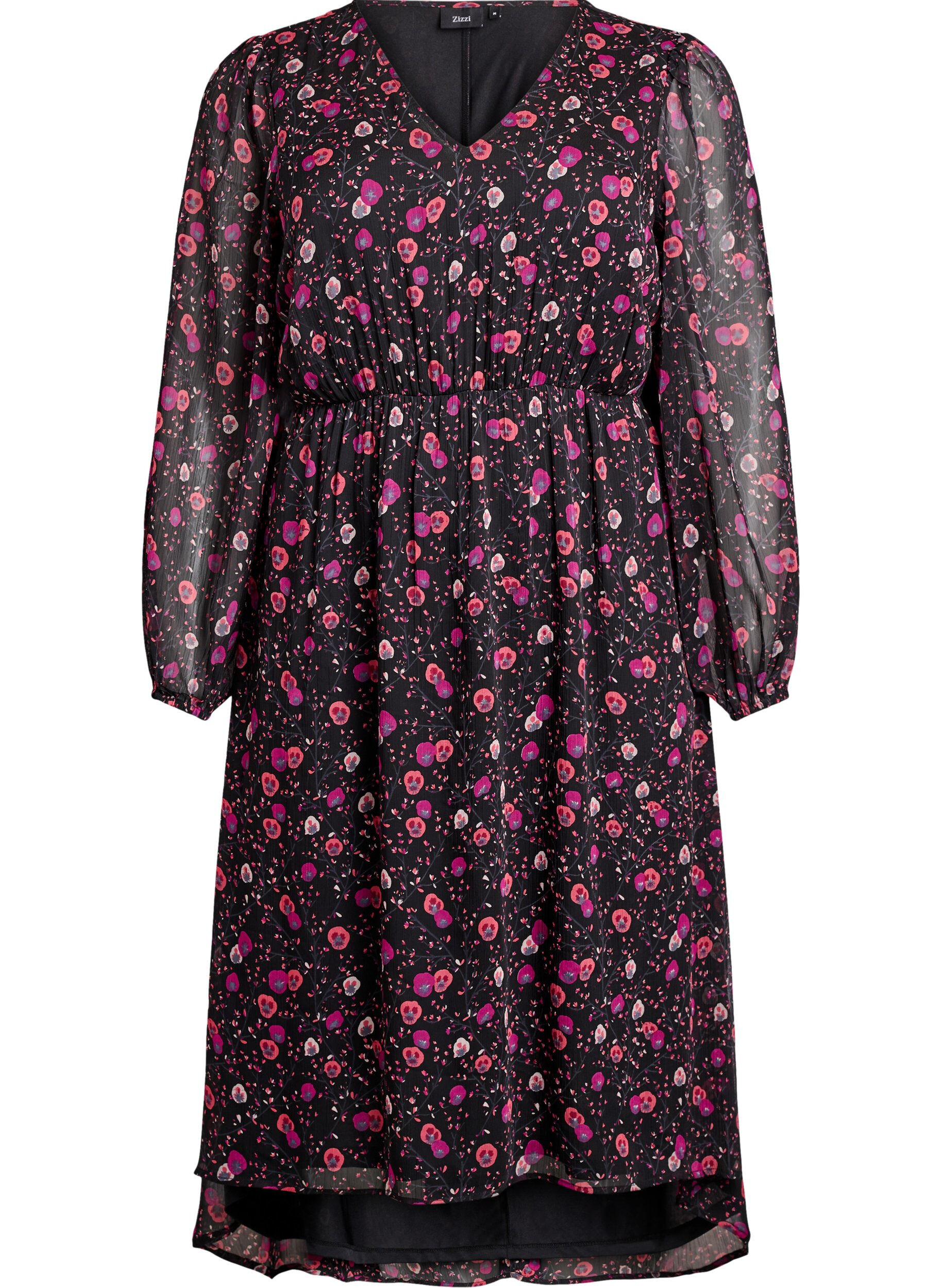 ZizziKjole i chiffon med blomsterprint og lange &aelig;rmer, Sort, Packshot image number 0