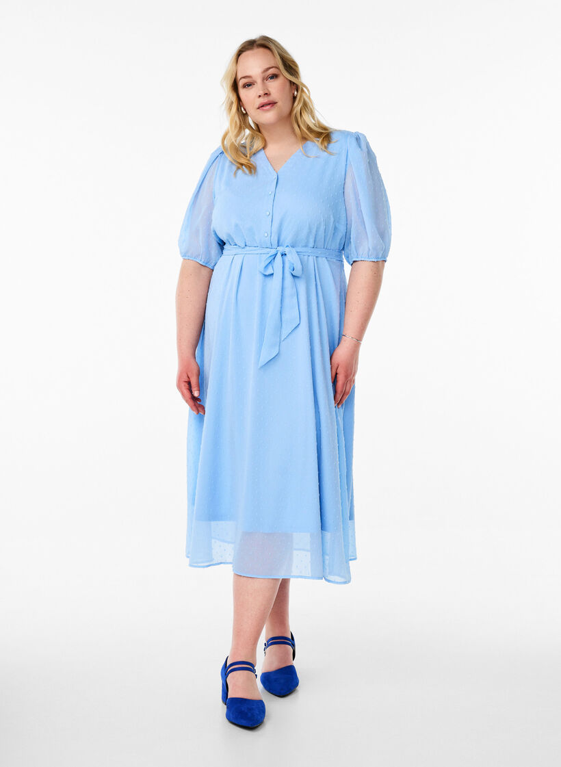 Midikjole med v-hals og bindebånd, Blå, Model image number 0