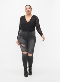 Tætsiddende jeans med sliddetaljer, Grey Denim, Model