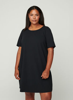 Kortærmet kjole med rund hals, Black, Model image number 0