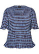 Smockbluse med gingham tern og fl&aelig;sekant, Bl&aring;, Packshot image number 0