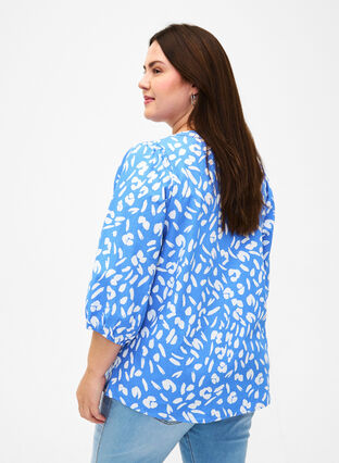 3/4 ærmet bluse i bomuld med print, Marina White AOP, Model image number 1