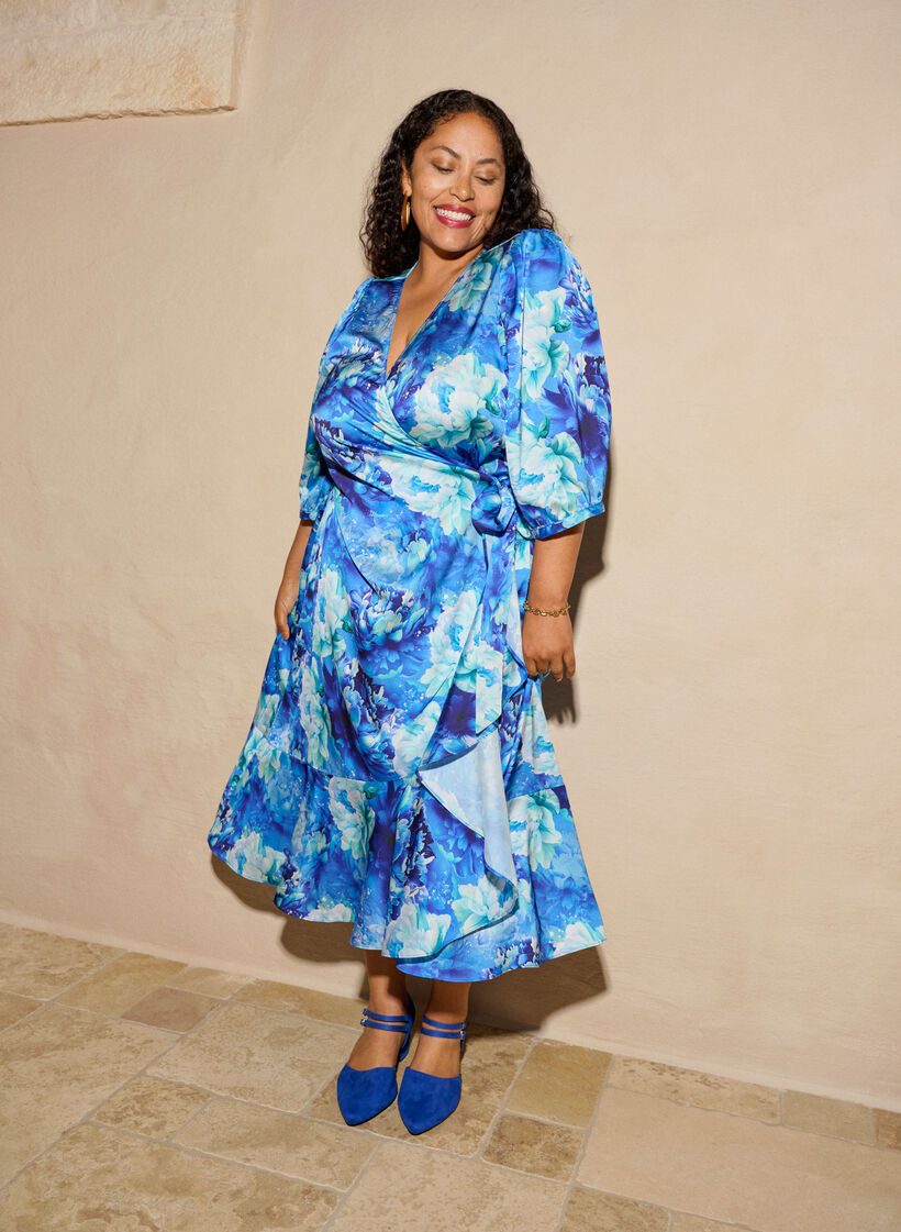 Blomstret slå-om kjole med 3/4 ærmer, Blå, Image image number 0