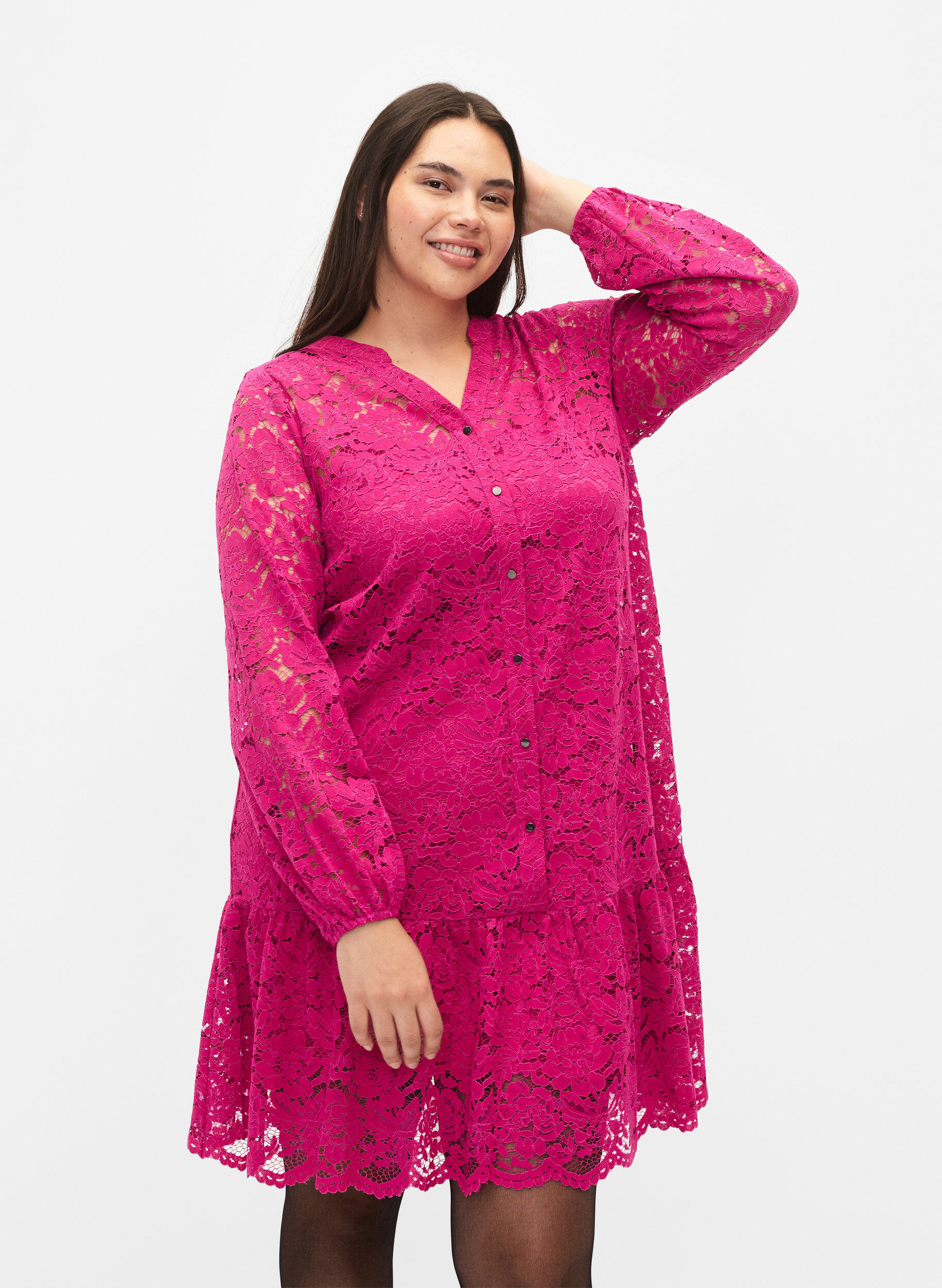 Zizzi Blondekjole med knapper og a-shape, Festival Fuchsia, Model image number 0