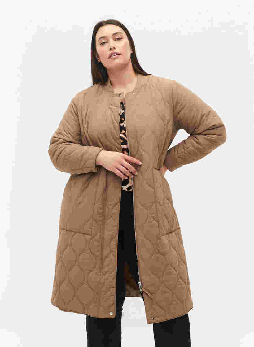 Lang quiltet jakke med lynlås og lommer, Amphora, Model image number 0