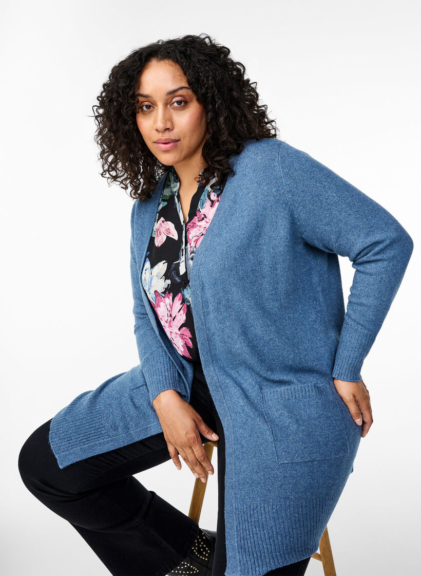 Meleret strik cardigan med lommer, Bl&aring;, Image image number 0