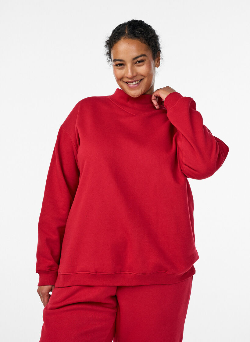 Sweatshirt med h&oslash;j krave og lange &aelig;rmer, R&oslash;d, Model image number 0