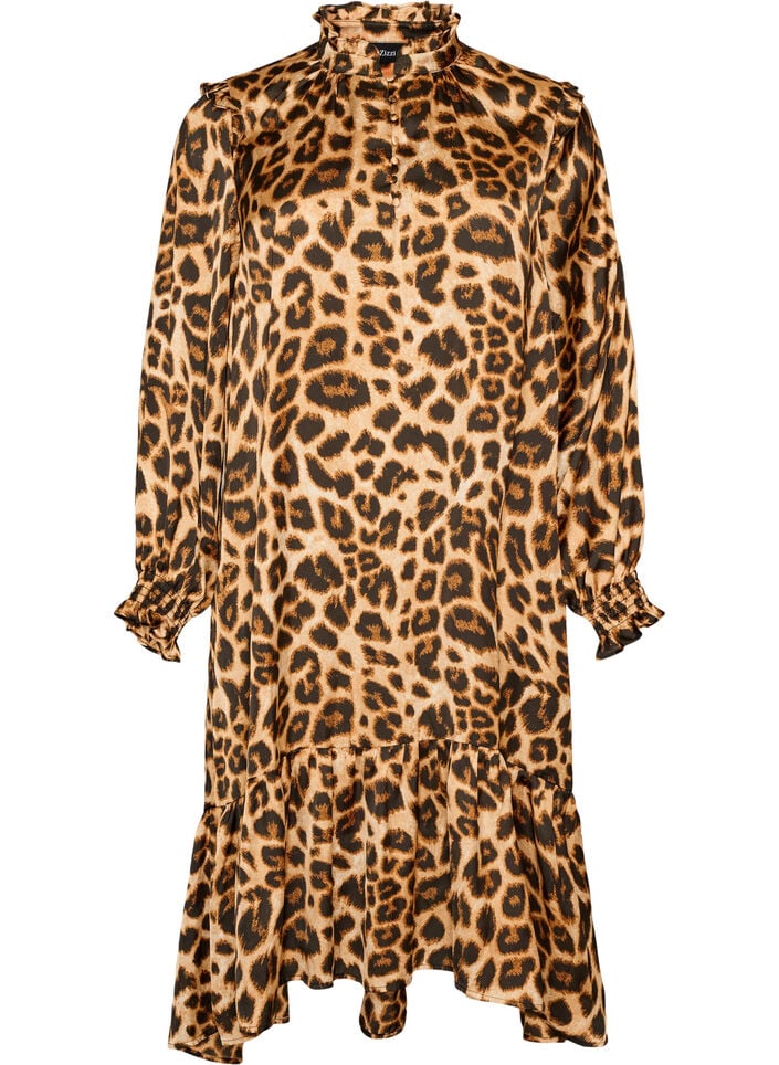 Kjole med leopardprint og fl&aelig;sedetaljer, Brun, Packshot