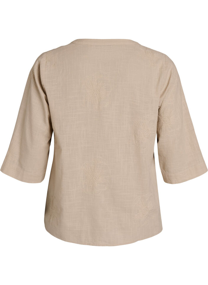Bluse i bomuld med broderede detaljer og 3/4 &aelig;rmer, Beige, Packshot image number 1