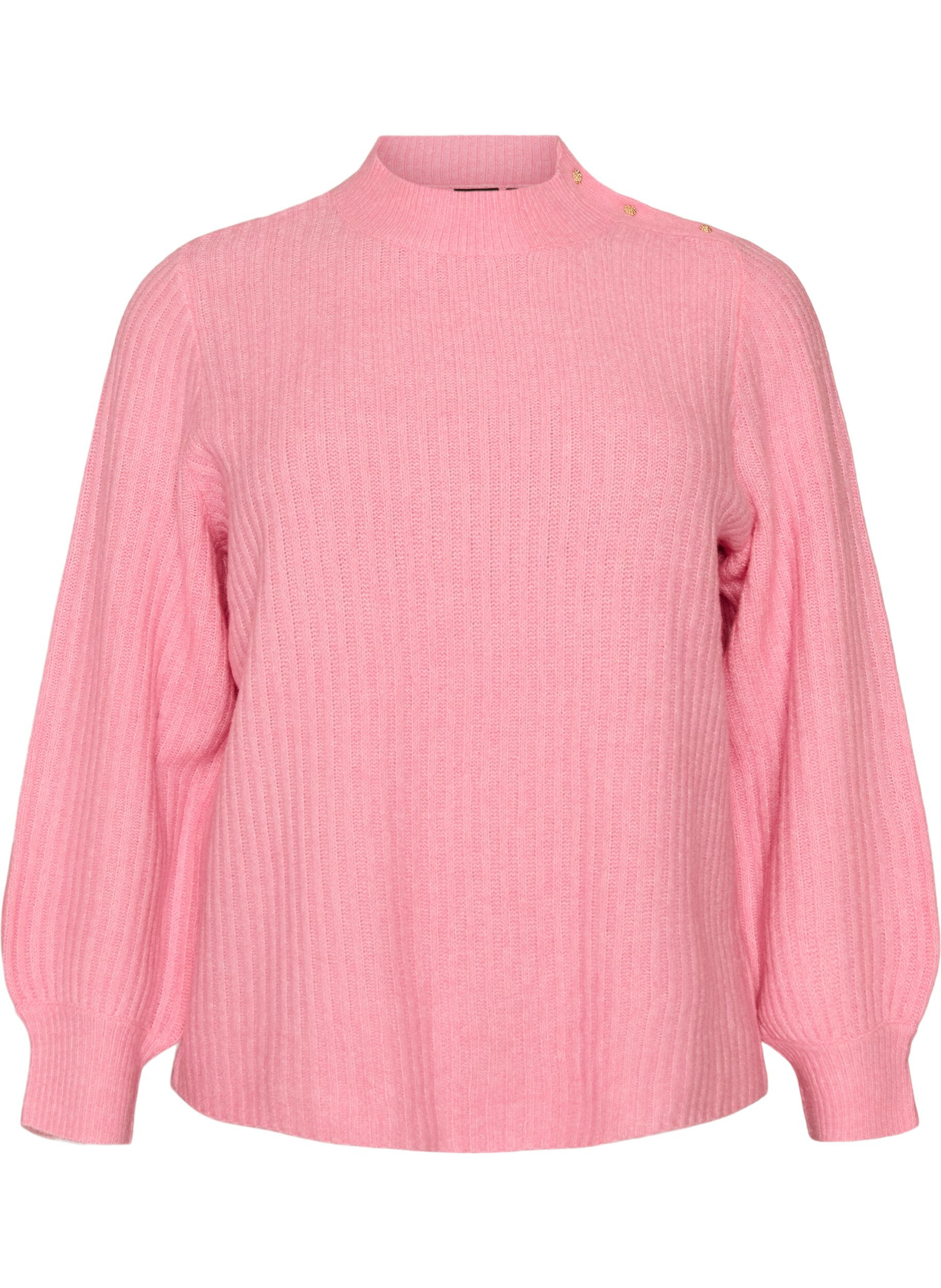 ZizziRibstrikket sweater med ballon&aelig;rmer og knapper, Lyser&oslash;d, Packshot image number 0