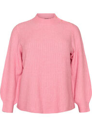 Ribstrikket sweater med ballon&aelig;rmer og knapper, Lyser&oslash;d