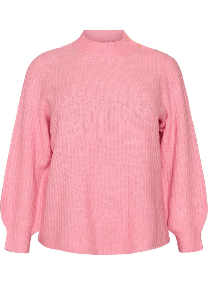 Ribstrikket sweater med ballon&aelig;rmer og knapper, Lyser&oslash;d, Packshot image number 0