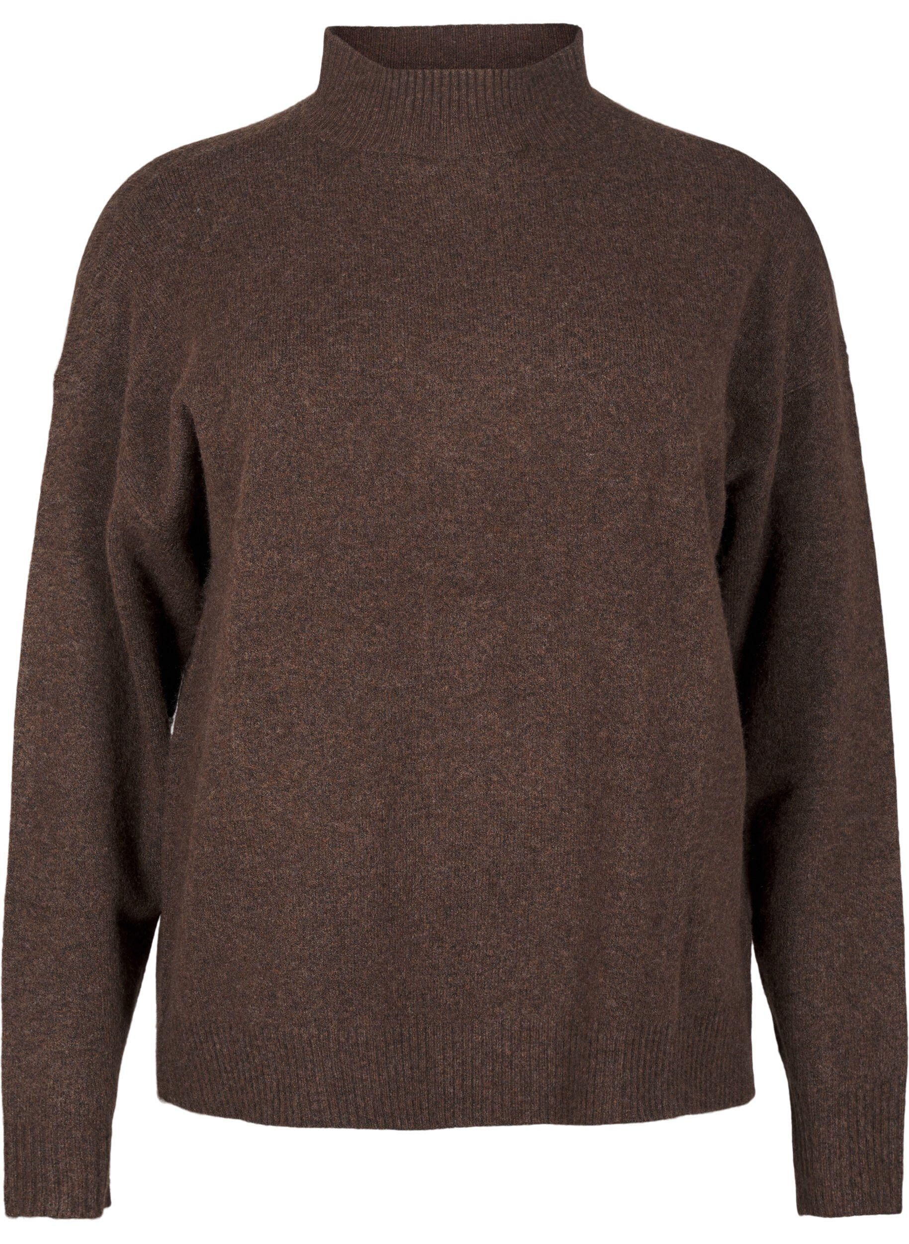 Zizzi Strikbluse med uld og h&oslash;j hals, Rain Drum Mel., Packshot image number 0