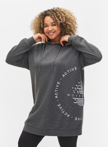 Lang sweatshirt med hætte og printdetaljer, Dark Grey Melange, Model image number 0