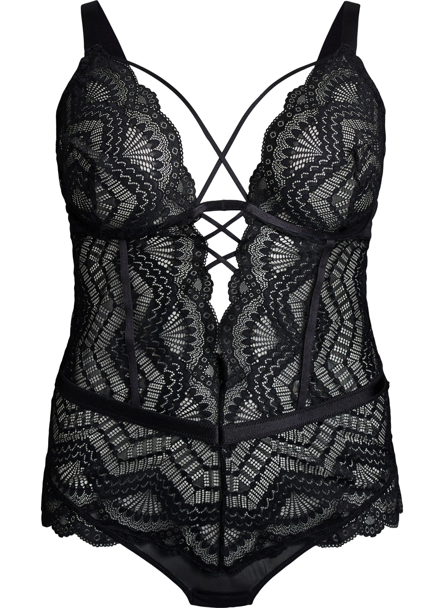 ZizziBlonde bodystocking med sn&oslash;re-detaljer, Sort, Packshot image number 0