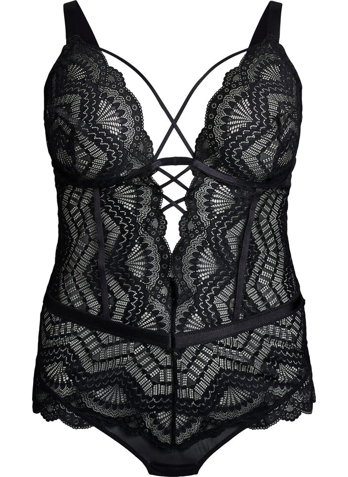 Blonde bodystocking med sn&oslash;re-detaljer, Sort, Packshot image number 0