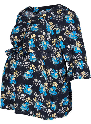 Blomstret graviditets bluse i viskose, Blue Flower AOP, Packshot image number 0