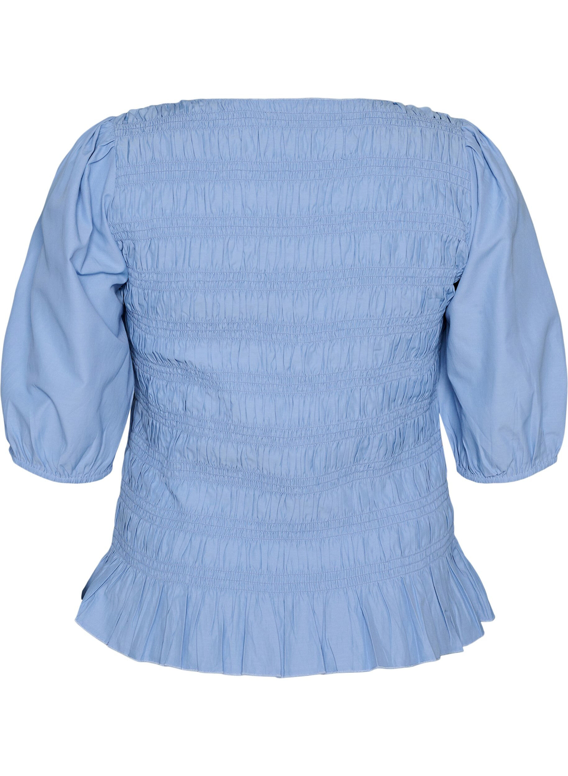 ZizziSmockbluse med fl&aelig;sekant og b&aring;dhals, Bl&aring;, Packshot image number 1