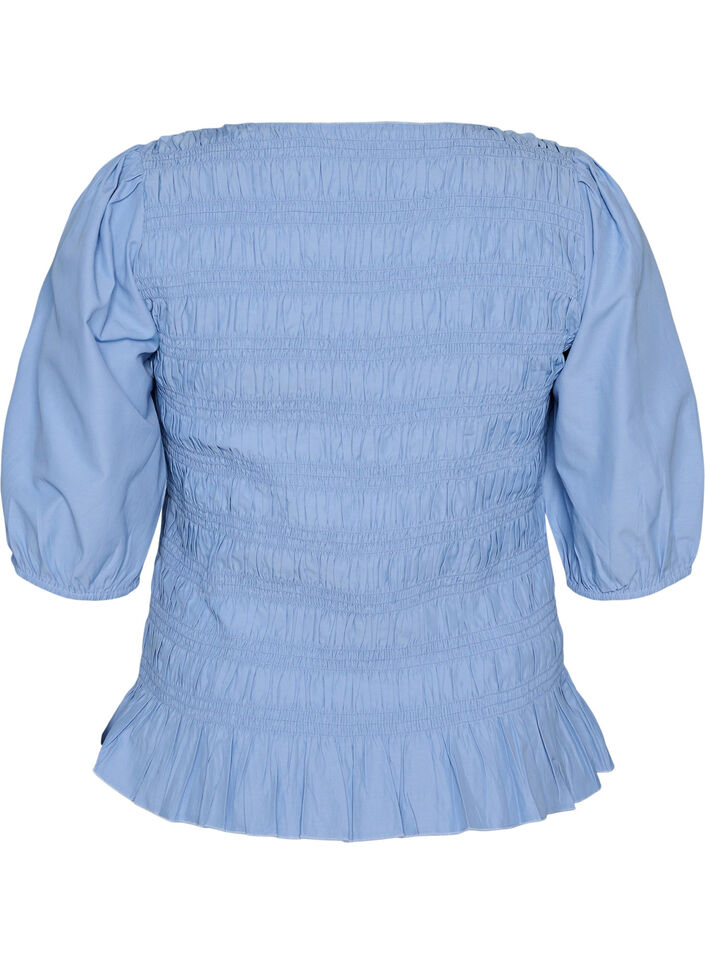 Smockbluse med fl&aelig;sekant og b&aring;dhals, Bl&aring;, Packshot image number 1