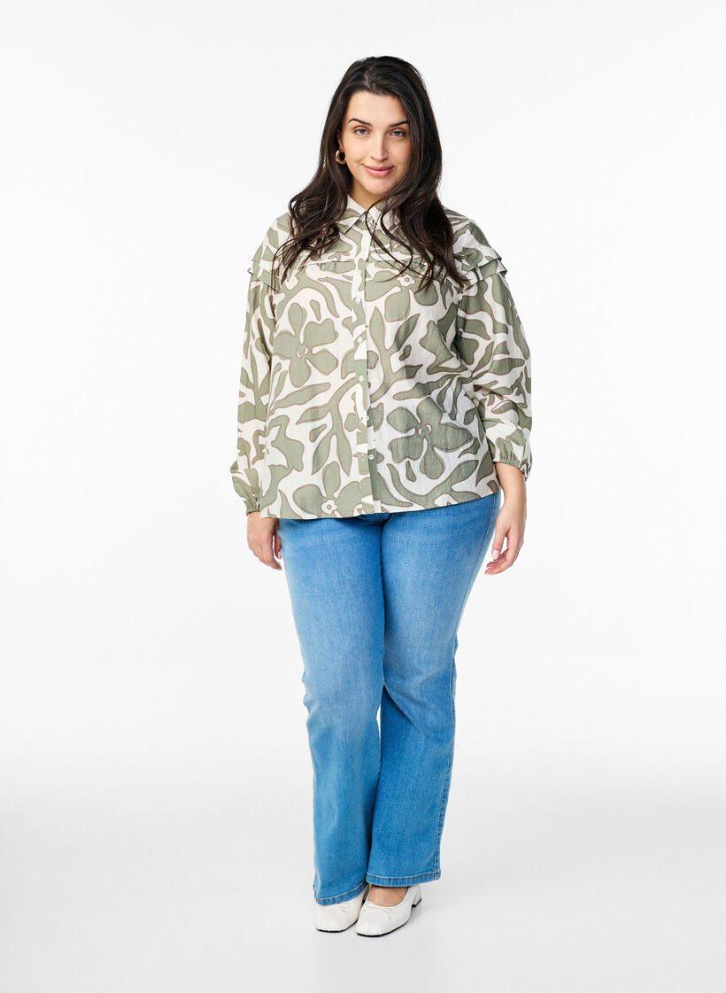 Skjortebluse med print og flæsedetaljer, Grøn, Model image number 1