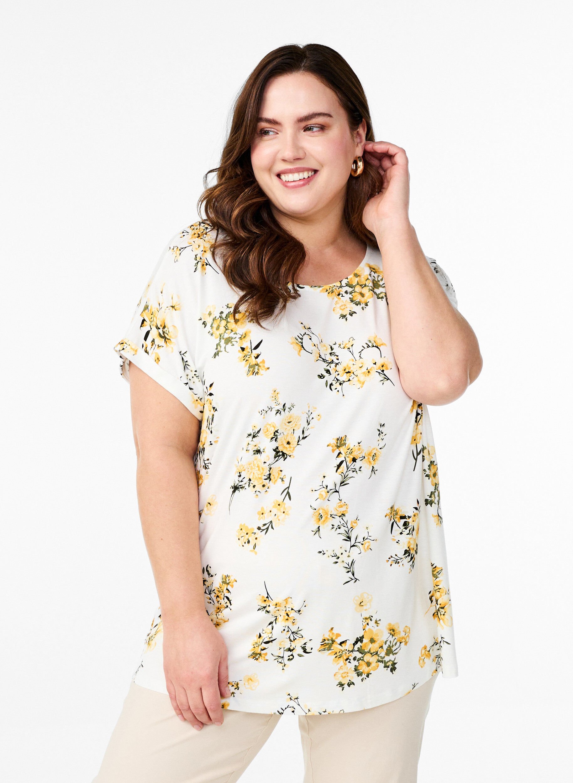 T-shirt med blomsterprint, Gul, Model