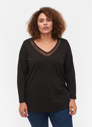 Langærmet bomulds bluse med mesh , Black, Model image number 0