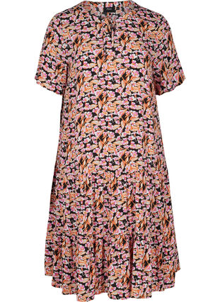Kortærmet viskose kjole med print, Pink Flower on Black, Packshot image number 0