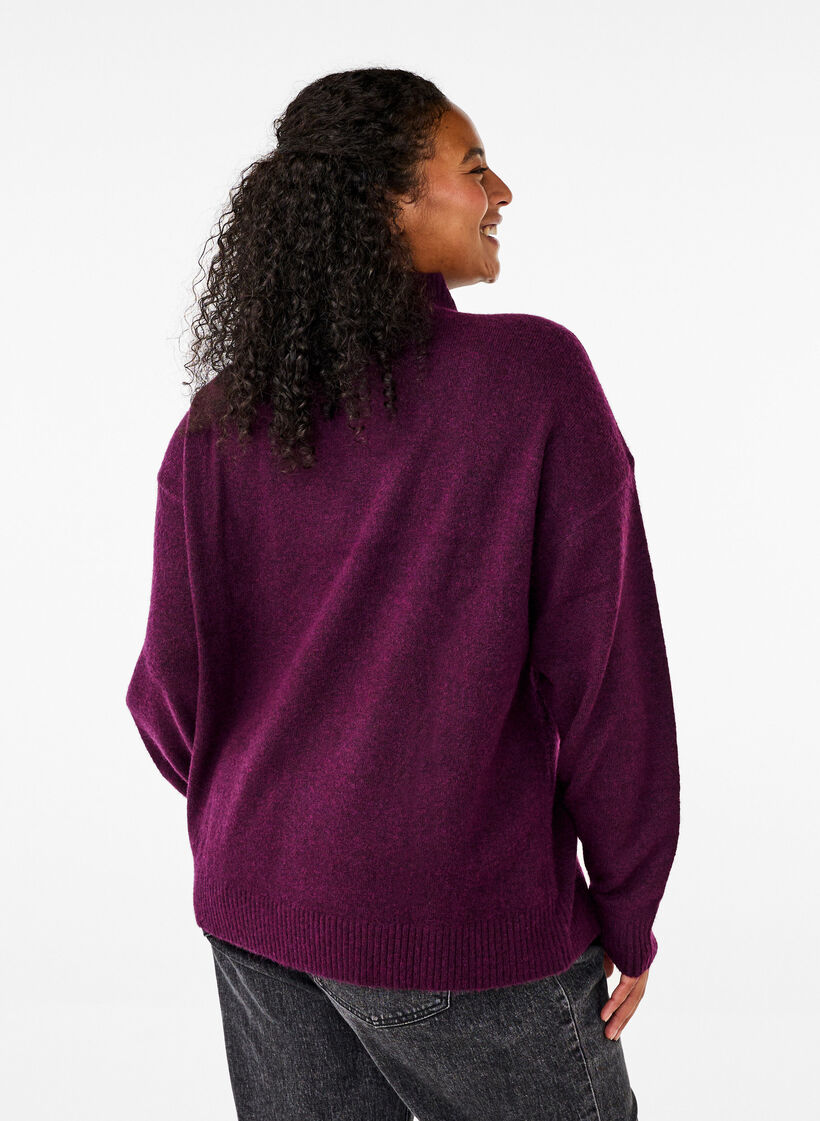 Strikbluse med uld og høj hals, Potent Purple Mel., Model image number 1