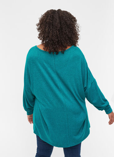 Kampagnevare - Langærmet viskose bluse med v-udskæring, Teal Green Melange, Model image number 1