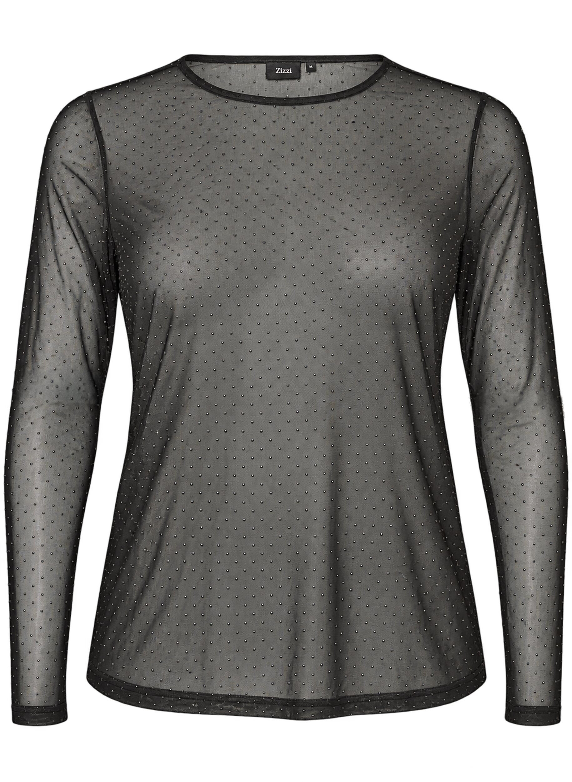 ZizziTransparent meshbluse med rhinsten, Sort, Packshot image number 0