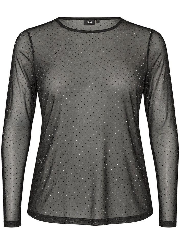 Transparent meshbluse med rhinsten, Sort, Packshot image number 0