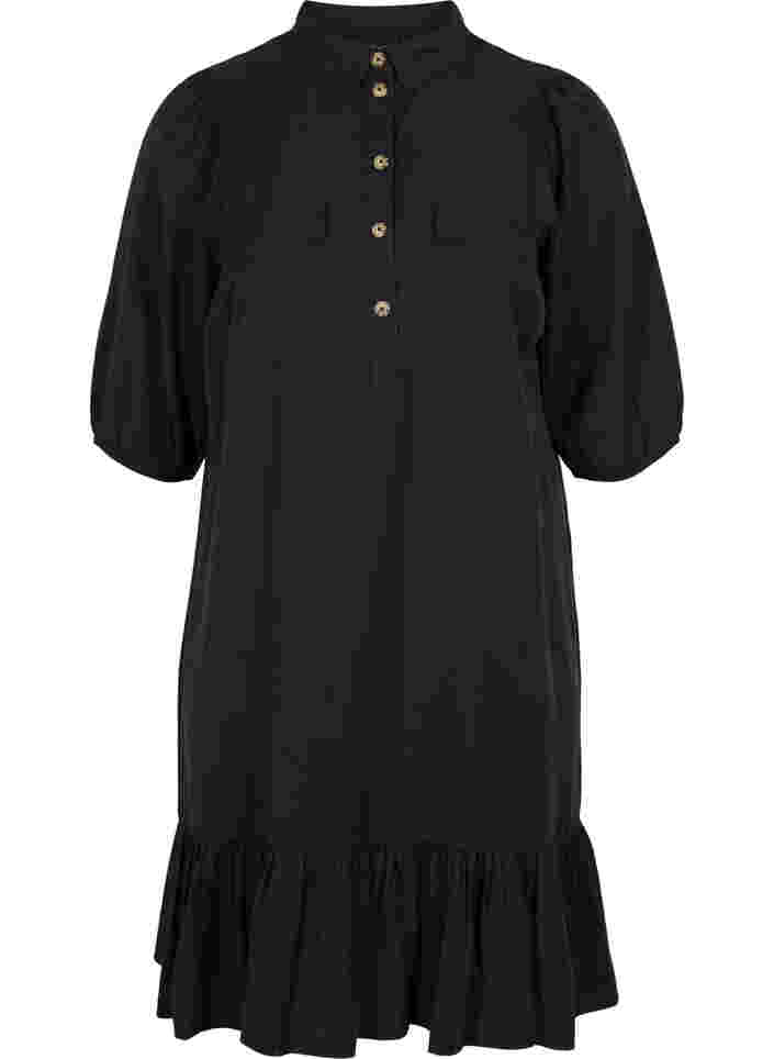 Kjole med flæsekant og 3/4 ærmer, Black, Packshot image number 0
