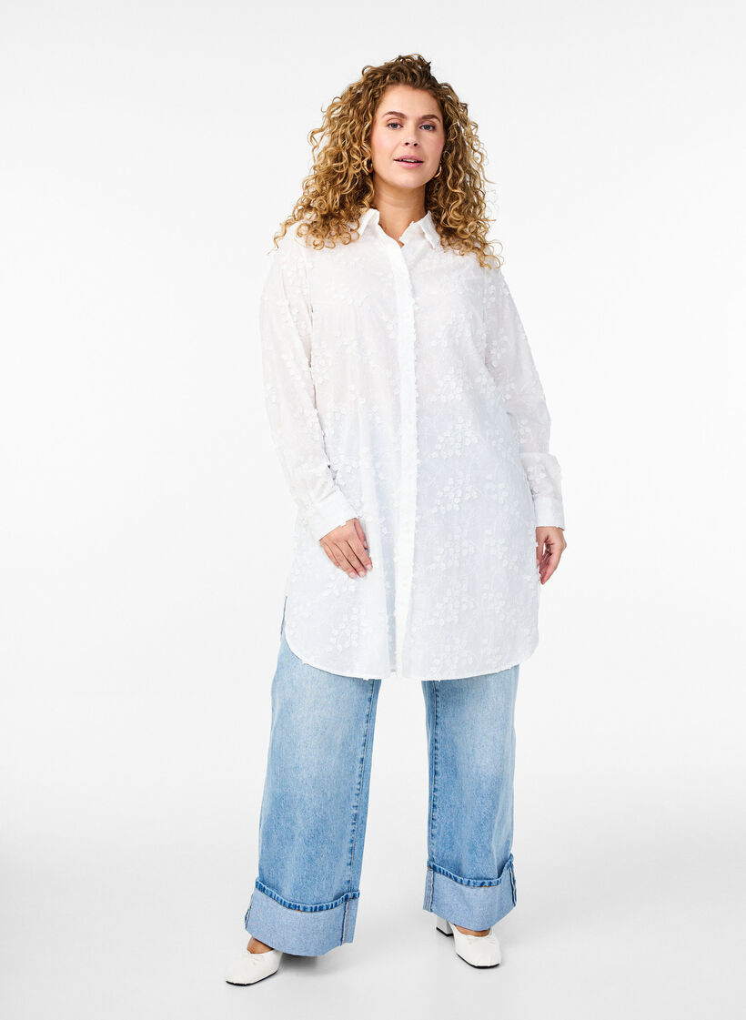 Skjortekjole med broderede blomster, Hvid, Model image number 1