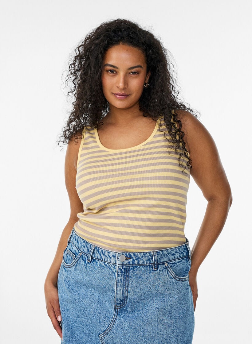 Stribet tanktop med ribstruktur, Gul, Model image number 0
