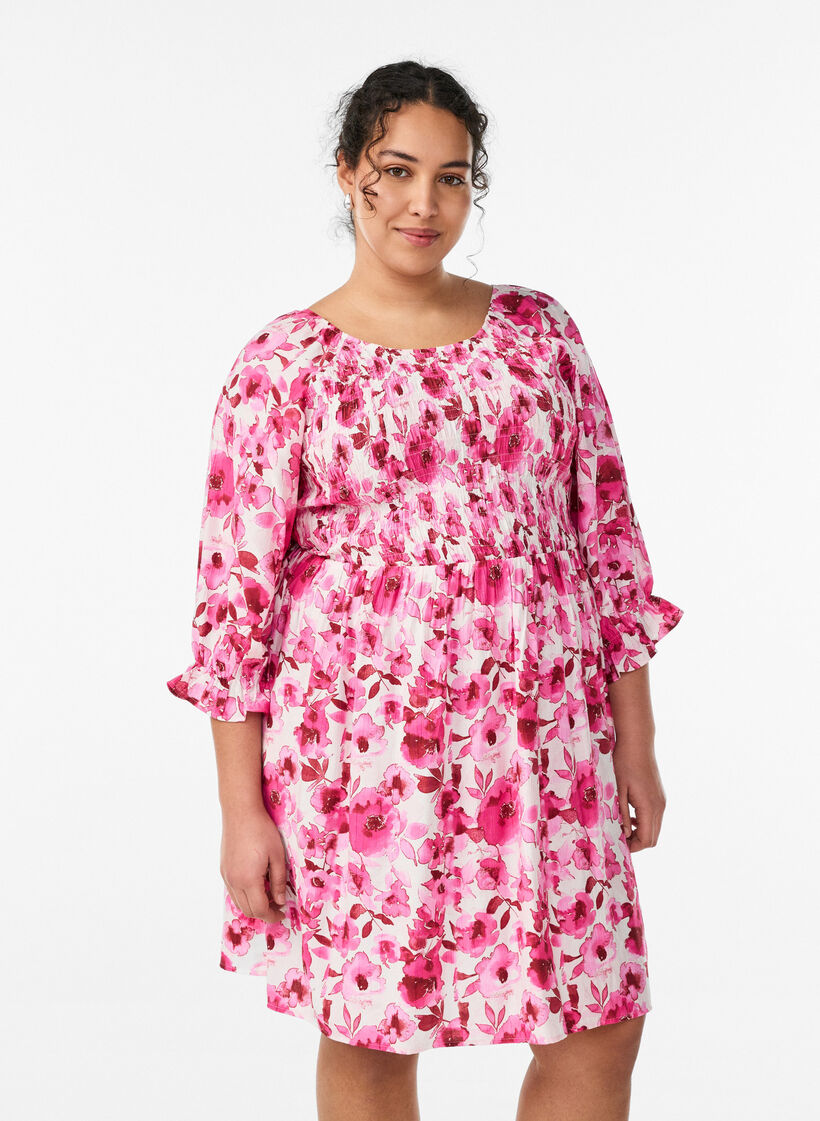 Kjole med smock og blomsterprint, Lyser&oslash;d, Model image number 0