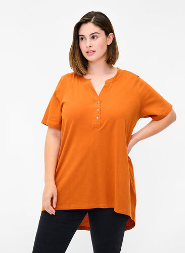 Bomulds t-shirt med v-hals og knapper, Autumnal, Model image number 0